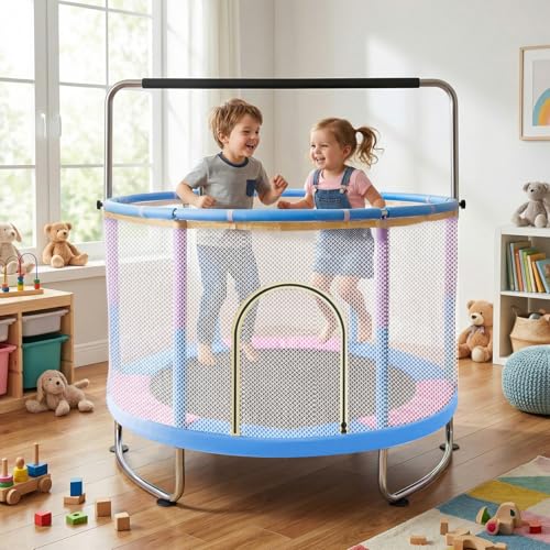 60” Toddler Trampoline with Swing & Gymnastics Bar, Indoor Outdoor Kids Trampoline with Safety Enclosure Net, Gifts for Boys & Girls Age 2-14