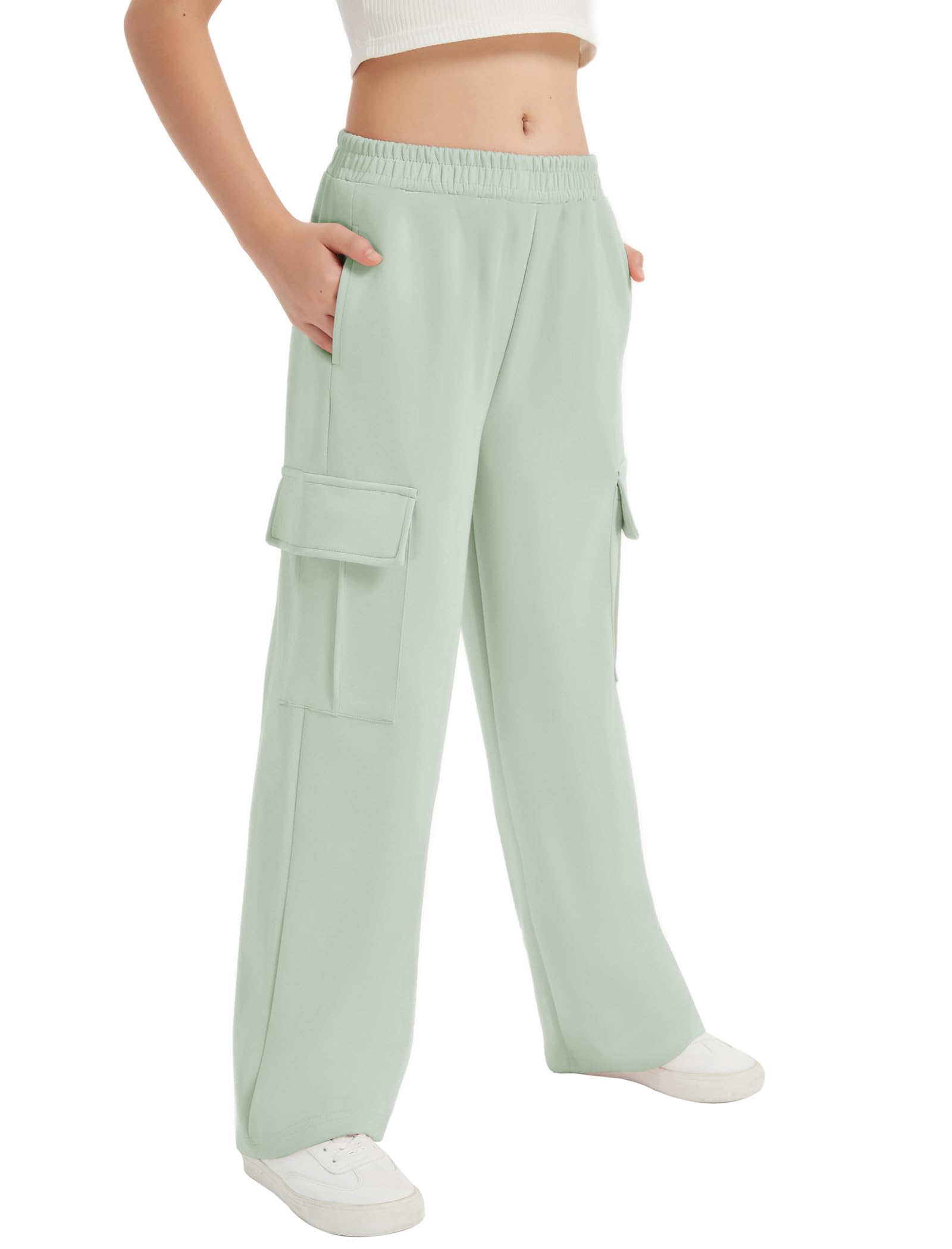Photo 1 of EXARUS Girls Cargo Sweatpants Baggy Swaet Pants for Girls Wide Leg High Waisted Elastic Waistband Causal Pant Daily Green 10Y