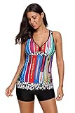 Aleumdr Womens V Neck Racerback Printed Padded Tankini Top Set Shortini Swimsuits with Swim Shorts Large Size Multicoloured