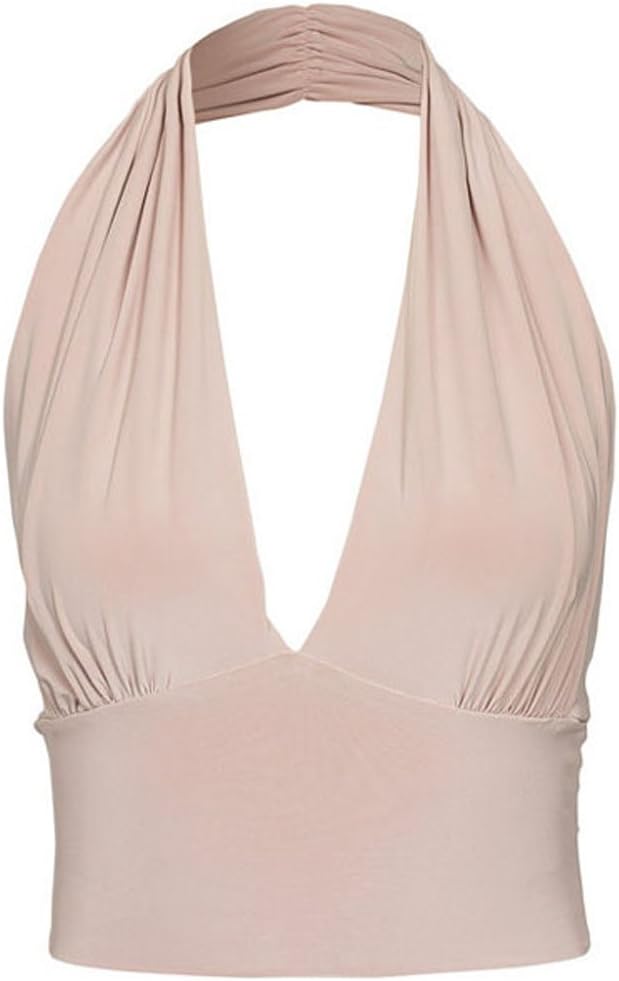 Sexy Womens Solid Milk Fabric Halter Neck Backless Crop Top Apricot