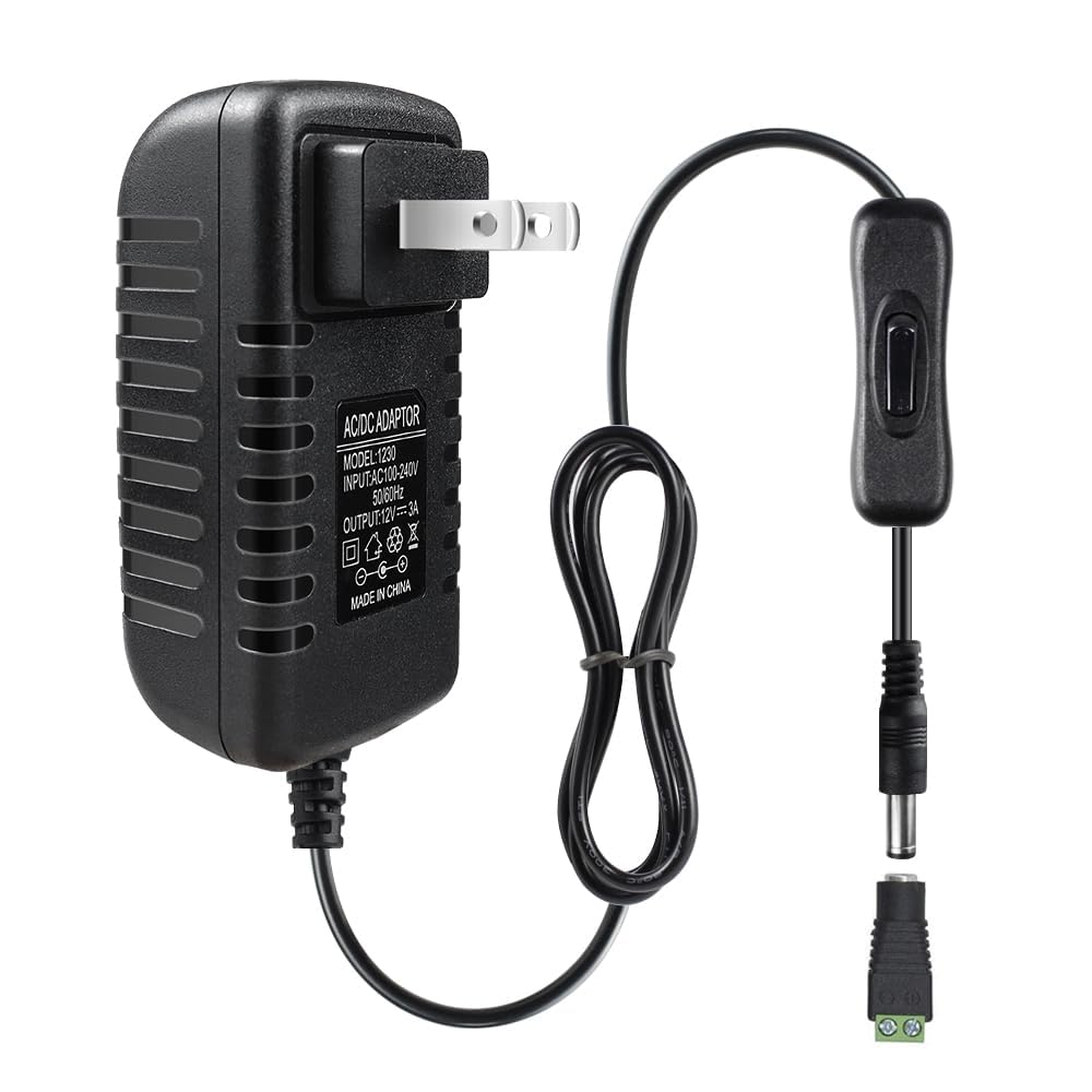 Photo 1 of 12V Power Supply, 12 Volt 3A 36W DC Power Supply with On Off Switch, Black Switching LED Power Adapter, AC 110V to 12V Wall Wart Transformer Plug for LED Strip Lights with 5.5/2.1 DC Female Connector