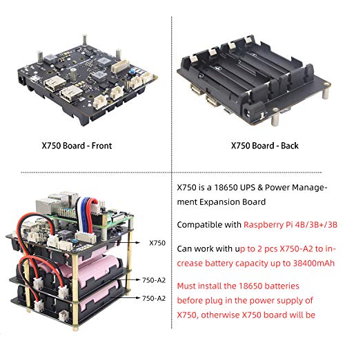 Geekworm Raspberry Pi UPS, Raspberry Pi 4B/3B+/3B 18650 UPS & Power Management Expansion Board X750 Shield with Auto Power-on for Raspberry Pi 4 Model B/3B+/3B (Only X750 Board)