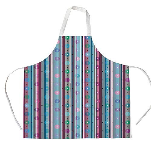 iPrint Cotton Linen Apron,Two Side Pocket,Pastel,Different Colored Stripes in Vertical Direction with Big and Small Dots Circles Decorative,Multicolor,for Cooking Baking Gardening