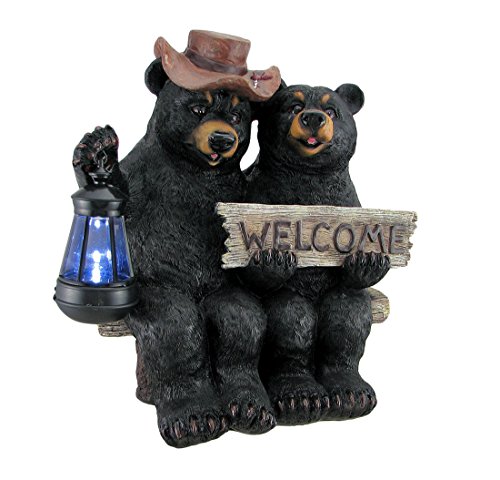 Zeckos Resin Outdoor Figurine Lights So Happy Together Black Bear Couple Solar Welcome Statue 14 X 14 X 9 Inches Black