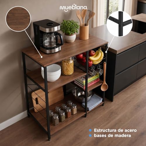 MUEBLANA - Alacena organizador cocina – Con estantes, canastillas y colgadores – Acero y madera – Compacta, resistente al agua y fácil de armar – 90x40x85 cm – Capacidad 20kg por nivel