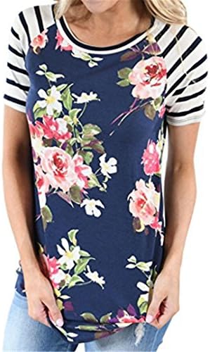 Pengy Clearance Women Short Sleeve Striped Floral Printed Blouse Shirt Tops (M, Blue)