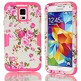 Samsung Galaxy S5 Case MOUKOU(TM) Hot Pink Flowers 3 Pieces Hybrid Design Protective Back Case Cover for Samsung Galaxy S5(Hot Pink)
