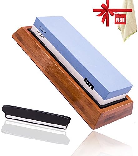 Premium Knife Sharpening Stone 1000/6000 Grit Two Side Whetstone With Non-Slip Bamboo Holder and Rubber Base With Angle Guide,Polishing Tool Knife Waterstone For Kitchen Hunting Independence Day Gift