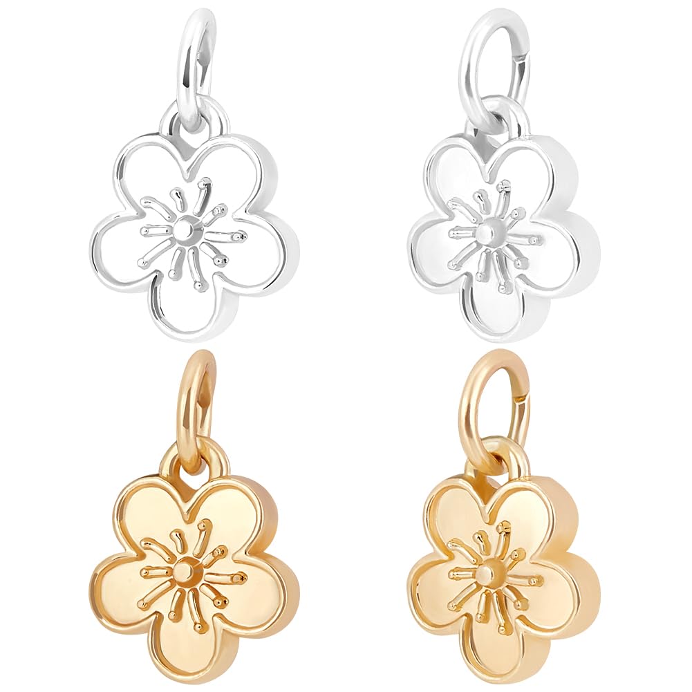 Beebeecraft 1 Box 40Pcs Flower Charm Plating Alloy 2 Colors Peach Blossom Dangle Charm Pendants with Jump Rings for DIY Jewellery Making (10.5x12x3.5mm)