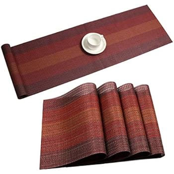 Pauwer Placemats with Table Runner Set Heat Resistant Washable Woven Vinyl Placemats Set of 6 and Runner for Dining Table Wipe Clean