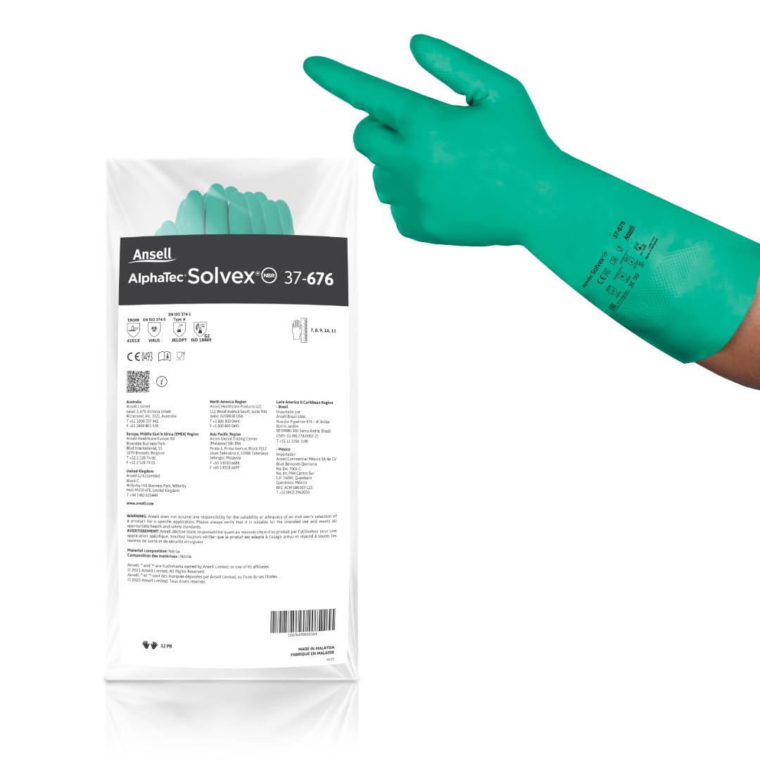 Ansell AlphaTec 37-676 Chemical Resistant Gloves, High-Performance Nitrile Compound, Strong Protection against Acids and Solvents, Food Approved, Industrial Safety Gloves, Green, Size 2XL (12 Pairs)