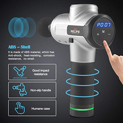 RELIFE REBUILD YOUR LIFE Massage Gun Super Quiet Deep Tissue Percussion Massager for Sore Muscles Post Workout, 20 Speed Levels, 6 Electric Massage Heads (Silver)