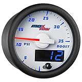 MaxTow Double Vision 35 PSI Turbo Boost Gauge Kit - Includes Electronic Pressure Sensor - White Gauge Face - Blue LED Illuminated Dial - Analog & Digital Readouts - for Trucks - 2-1/16