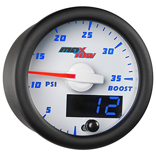 MaxTow Double Vision 35 PSI Turbo Boost Gauge Kit - Includes Electronic Pressure Sensor - White Gauge Face - Blue LED Illuminated Dial - Analog & Digital Readouts - for Trucks - 2-1/16