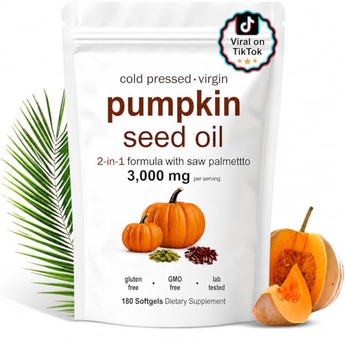 Pumpkin Seed Oil, Pumpkin Seed Oil Capsules with Saw Palmetto| for Hair Growth - Non-GMO - 180 Softgels | 3000mg Cold Pressed white