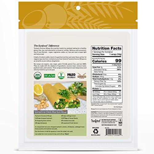 Sunfood Superfoods Turmeric Coconut Wraps Raw Organic 7 ct