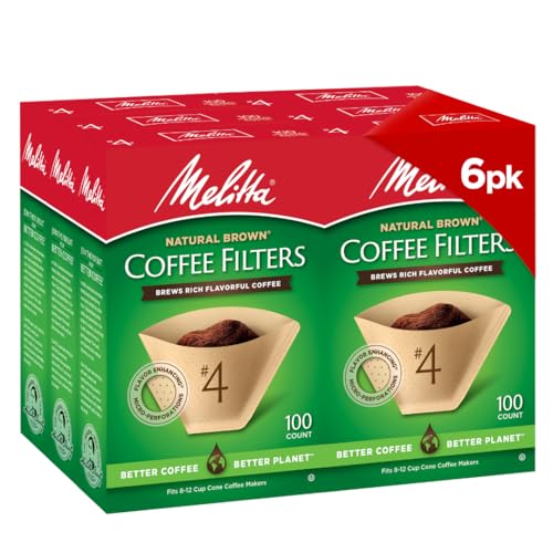 Melitta #4 Cone Coffee Filters, Natural Brown, 100 Count (Pack Of 6), 600 Total Filters - Fits all 8-12 Cup Cone Coffee Makers and Pour-Overs, Compostable, Tear-Resistant, Made in USA