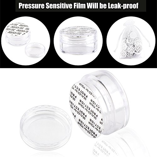 SumDirect 100Pcs 5Gram Empty Clear Plastic Cosmetic Containers Sample Packing Portable Travel Bottle Pot Jars for Cream and Lotion with a Snoop and 10Pcs White Sheer Organza Bags(Clear)