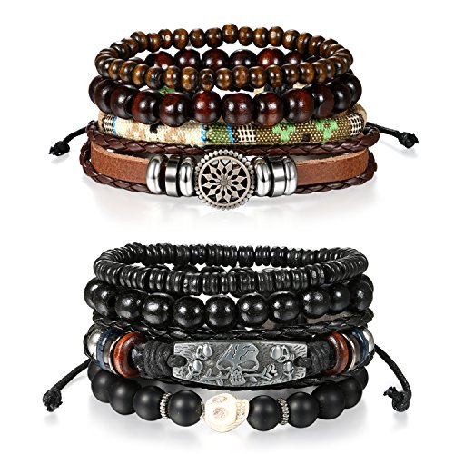 Cupimatch 8 Pcs Wrap Leather Wristbands Bracelets, Wood Beads Bracelets for Men Women 7-11 inches Adjustable (8 pcs bead bracelet)