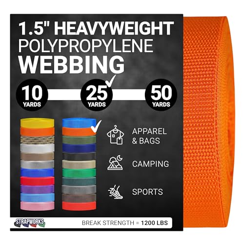 Strapworks Heavyweight Polypropylene Webbing - Heavy Duty Poly Strapping for Outdoor DIY Gear Repair, 1.5 Inch x 25 Yards, Orange