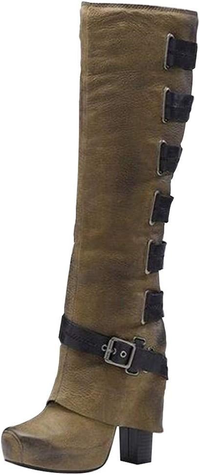 Women Platform Knee High Boots Leather Buckle Strap Fashion High Block Heels Tall Booties Casual Long Booties by Nevera