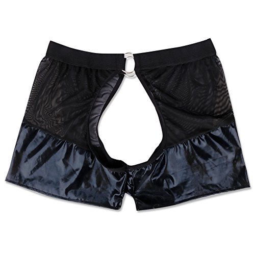 YiZYiF Men's Black Openwork Mesh Boxer Briefs Crotchless Shorts Pants with O-Rings X-Large