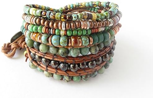 African Turquoise Leather Wrap Bracelet Cuff