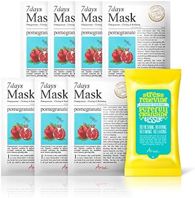 Ariul 7Days Sheet Masks – Antioxidant & Reduce Inflammation Korean Sheet Mask with Natural Essence for Skincare Routine, 100% Botanical Fiber Mask (Pomegranate)