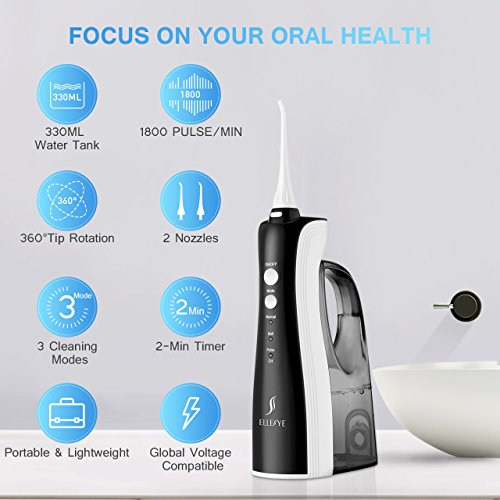 [UPGRADED] 330ML Water Flosser Cordless Teeth Cleaner, ELLESYE High Pulse Rechargeable Portable Oral Irrigator for Travel & Office Use, IPX7 Waterproof Dental Flosser for Shower with 2 Tips for Family - Thumbnail 2