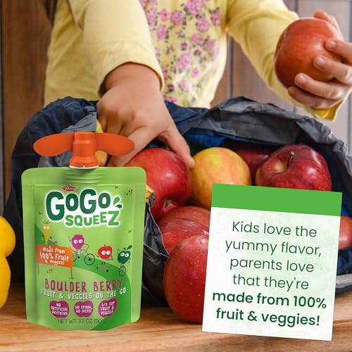 GoGo squeeZ Fruit & veggieZ Applesauce and Puree Variety Pack, Pedal Peach and Boulder Berry, 3.2 oz (Pack of 20), Unsweetened Snacks for Kids, BPA Free Pouches