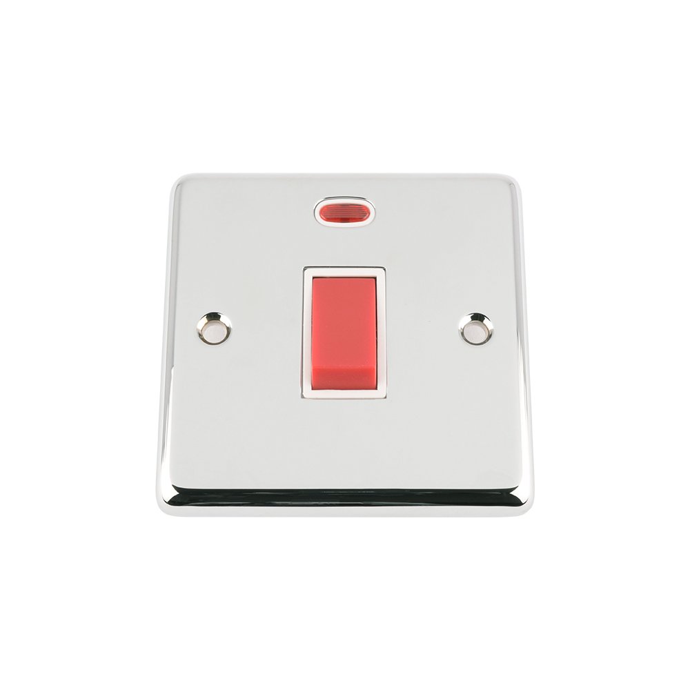 45A Cooker Switch with Neon - Polished Chrome - Classic - White Insert