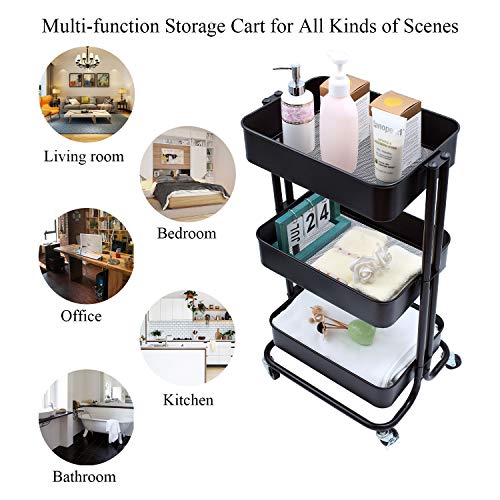 Ovicar 3-Tier Metal Rolling Utility Carts, Heavy-Duty Storage Shelves, Trolley Organizer with Handles and Wheels for Office Home Kitchen Bathroom Organization, Black