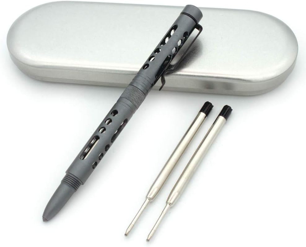 ILEAF Aluminum Twist Ballpoint Pen with Glass Breaker for EDC Pocket Carry with 2 Extra Black Ink Refills