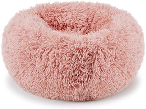 Plush Donut Pet Bed,Dog Cat Round Warm Cuddler Kennel Soft Puppy Sofa, Cat Cushion Bed Sleeping Bag Orthopedic Relief and Improved Sleep,Anti-Slip Bottom,Machine Washable (S-15.7" x 7", Pink)