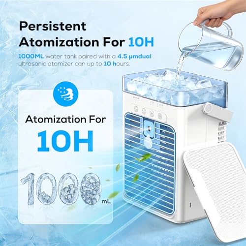 Portable Air Conditioner, 3-in-1 Evaporative Air Cooler with 3 Speeds & 2 Mist Modes, 1000ml Personal Mini AC Unit, USB Small Cooling Fan with RGB Night Light & Timer for Bedroom Office Car (Blue)
