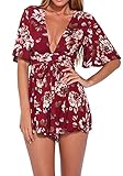 Simplee Apparel Women's Boho V Neck Floral Print Short Romper Jumpsuit