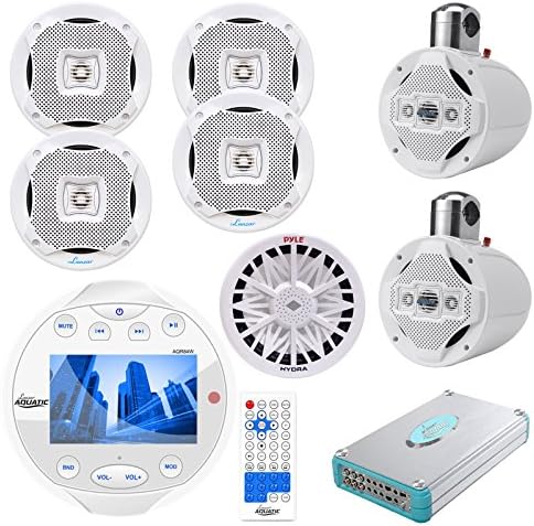 Lanzar Round Aquatic Waterproof Marine Stereo Boat In Dash Radio Bluetooth Receiver, 4 x 5.25 Water Resistant Speakers, 2 x 6.5-Inch Wake Board Tower Speakers, 8 Ch Amplifier, Pyle 8" Subwoofer