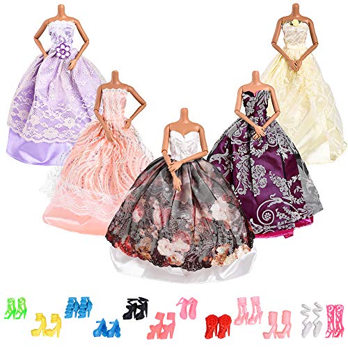 Asiv 17 Stück Mode Urlaubstag Kleidung Kleider für Barbie Puppen Doll, 5 Partymoden Hochzeit Prinzessin Kleider + 12 Paar Schuhe für Weihnachten und Geburtstag Geschenk – Bild 3