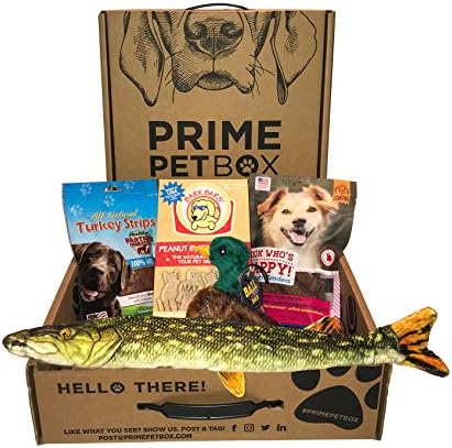 Prime Pet Box Wildlife Dog Gift Box Care Package - Made in the USA Premium Treats, 18" Fish &amp; Duck Birdball Toy