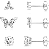 Miss Glorael 3-Pair 14K Gold-Plated Butterfly Stud Earring Set, 2mm / 3mm / 6mm, Round and Triangle Cubic Zirconia Earrings, Hypoallergenic, Suitable for Men and Women