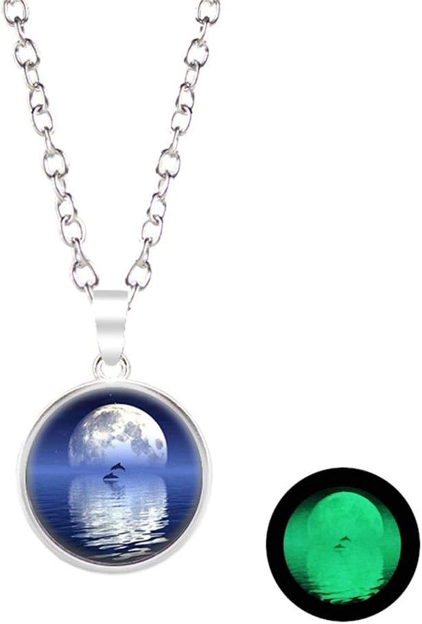 CanVivi Moon Necklace Glow In The Dark Necklace Galaxy Planet Alloy Glass Cabochon Pendant Necklace Chain Jewelry Accessories for Women