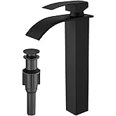 RUMOSE Tall Bathroom Faucet Matte Black Vessel Sink Faucet with Pop Up Drain Modern Single Handle One Hole Waterfall Vanity Tap, Stainless Steel