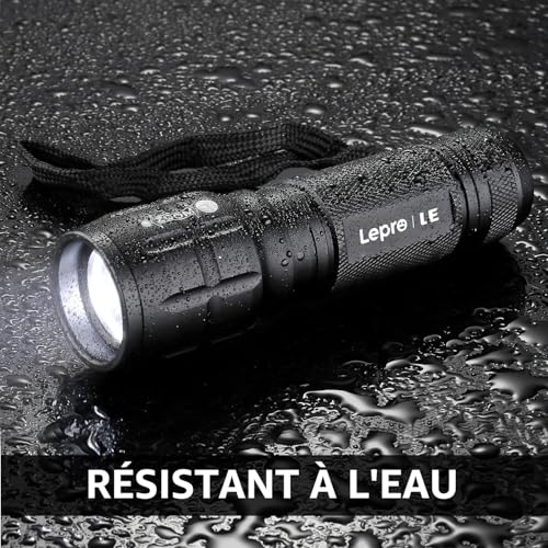Lepro L8000 Powerful Zoomable Flashlight IPX4 Waterproof Zoomable Torch 3 AAA Batteries Included, Aluminum Military LED Torch for Camping, Hiking, Emergencies, Pack of 2