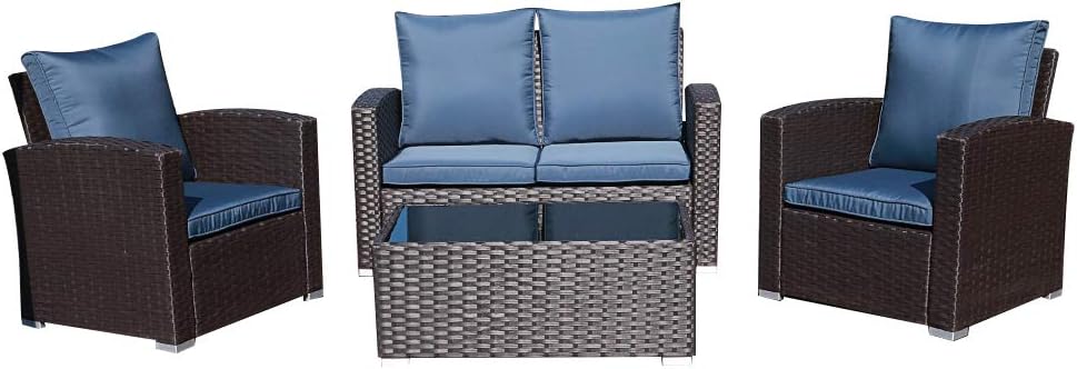 Amazon Com Joivi Patio Furniture Set 5 Piece Pe Rattan Sectional Outdoor Conversation Sofa Set With Black Wicker Coffee Table With Tempered Glass Navy Cushion Kitchen Dining