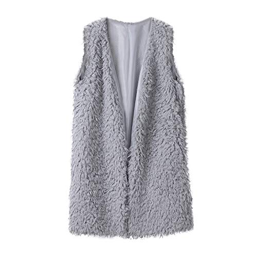 Sanyyanlsy Women's Autumn Fashion Sexy Solid Faux Fur Vest Coat Casual Sleeveless Warm Winter Long Outwear Waistcoat Top Gray