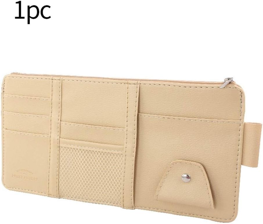 WeiCYN Car Sun Visor Organizer Auto Sunshade Storage Bag Pu Leather Bags Card Glasses Pen Clip Cash Holder Pad Interior Accessories (Color : Beige)
