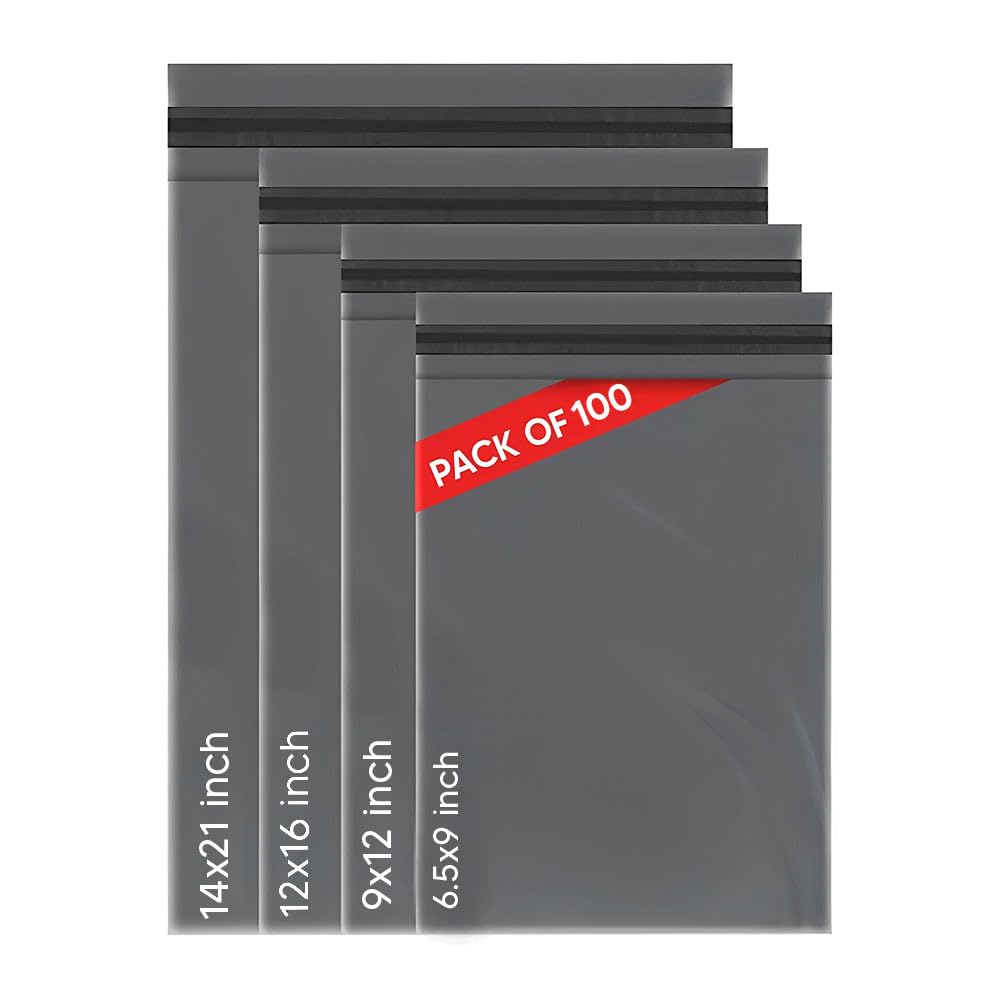 Venuscello® 100 x Mixed Size Polythene Mailing Bags Grey Postal Postage Packaging Shipping Parcel Mailers for Packing Delivery Package Mail 25pcs (6" x 9", 9" x 12", 12" x 16" & 14" x 21")