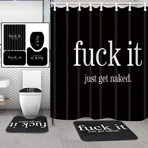 Terberl 4 Pcs Waterproof Bathroom Shower Curtain 180cmx180cm with Toilet Lid Cover Floor Mat Non-Slip Pedestal Rug Set (Black)