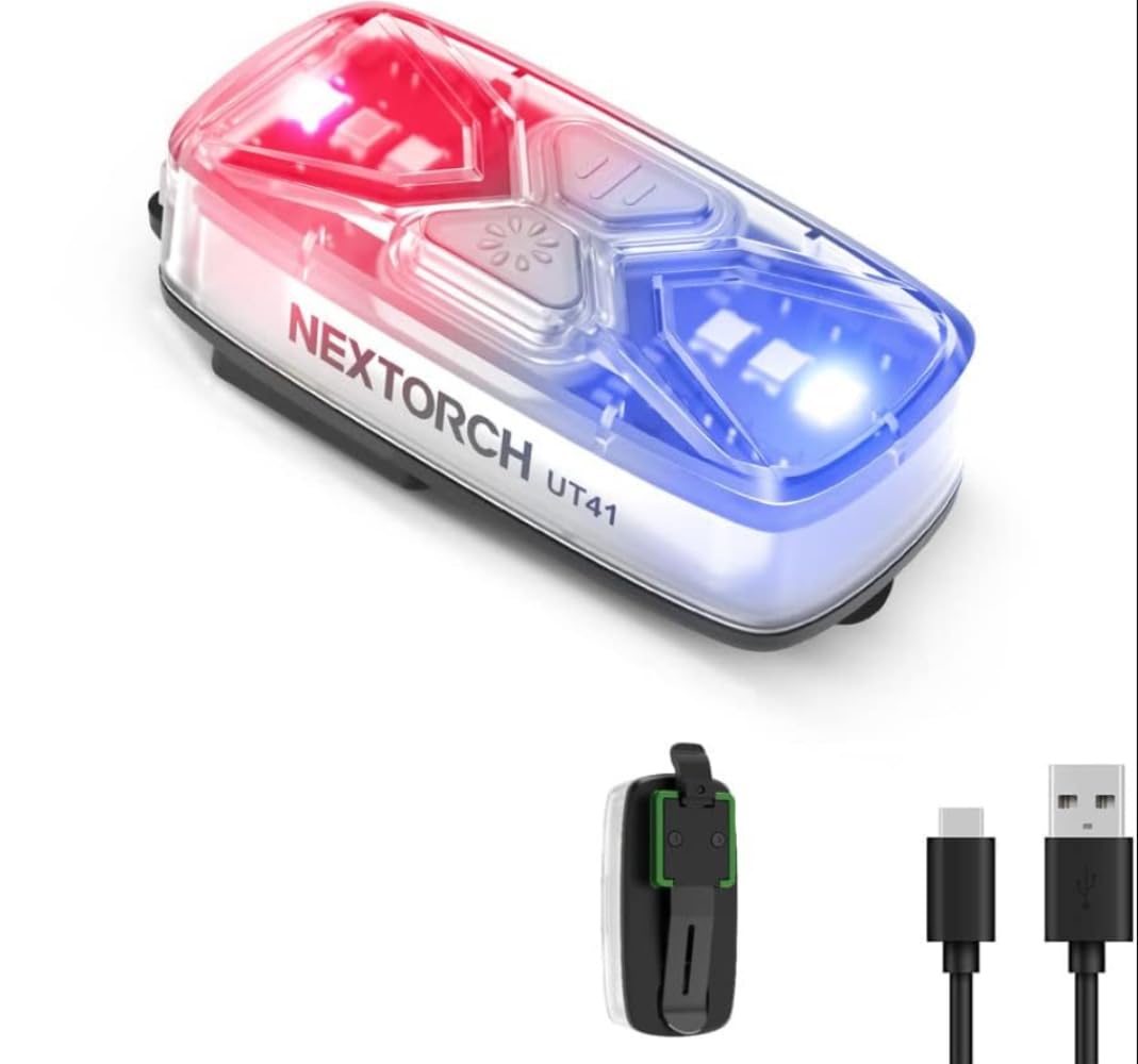 Nextorch Police Light Rechargeable Helmet Light LED, Clip on Red Blue Storbe Flashing Mini Torch for Outdoor Traffic Cycling Police Patrols, IPX8 Shoulder Signal Torch UT41