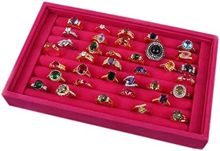 ZJKJ Jewelry Ring Display Tray Velvet Earring Showcase Cufflinks Storage Holder Organizer (Rose red)
